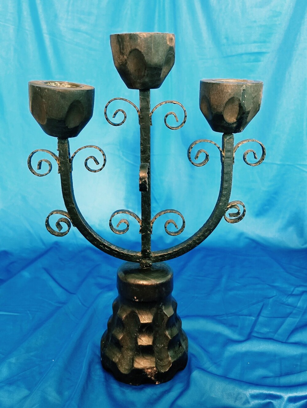 Vintage Spanish Revival Medieval-Style Candelabra Iron Wooden Base